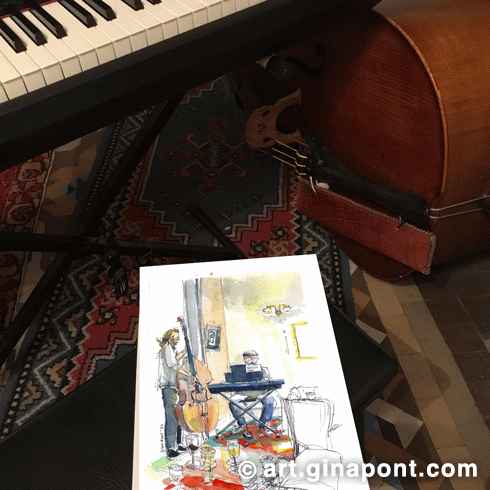 I am glad to have been part of the benefic Jazz & Wine meeting for cancer. I painted live the performance of the double bass player Tempe Hernández and the pianist Sergi Sirvent. Also, I learned about the Clos Figueras wine. Thanks for inviting me, Virgil Simons!.