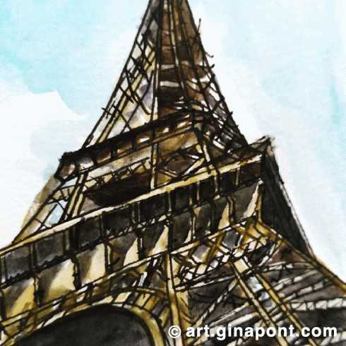 Eiffel Tower: Watercolor and rotring print for sale.