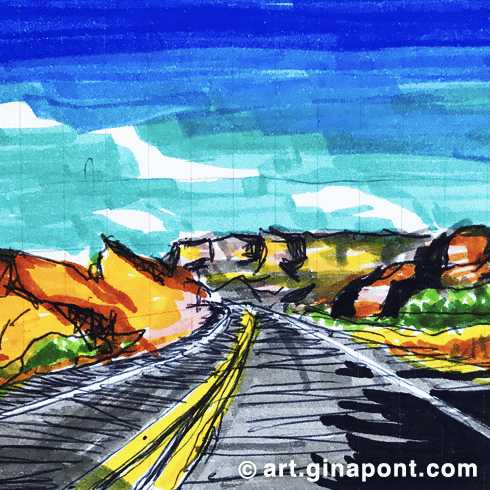 Road Trip: Dibujo hecho con rotuladores y rotring de Buckskin Mountains, desde Arizona hasta Utah, a la venta.