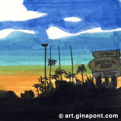 Boceto en rotulador de la puesta de sol en la ciudad de Lake Havasu, Arizona