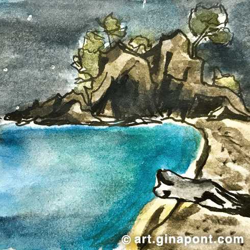 Cala Cap Roig: Watercolor and rotring artwork for sale.