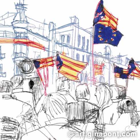 Barcelona demonstration: Pen and markers urban sketch for sale.