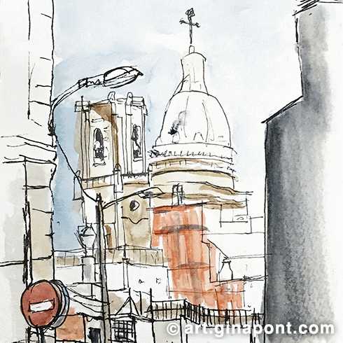 Watercolor drawing of the church Sant Andreu del Palomar, Barcelona.