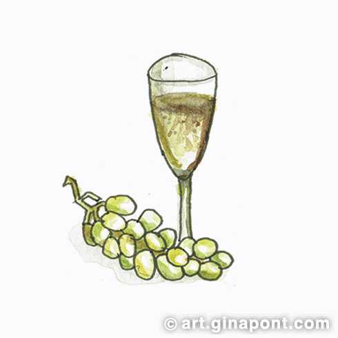 Christmas watercolor drawing: Grapes and Champagne