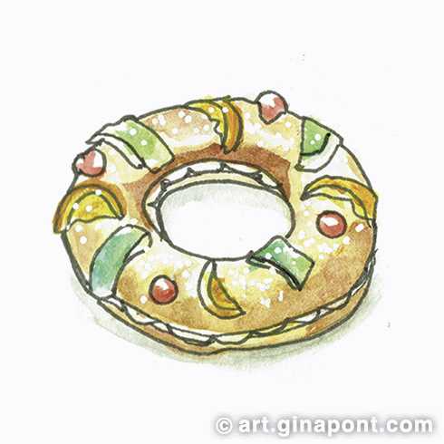 Christmas watercolor drawing: King Cake