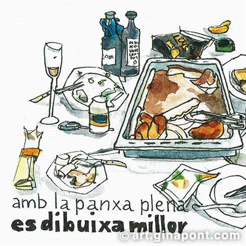 Dibujo de los restos de comida después de una cena: Copas y botellas de vino, patatas, pollo y los cubiertos.