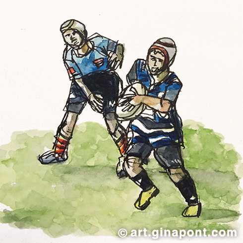A watercolor sketch drawn during a junior rugby match.