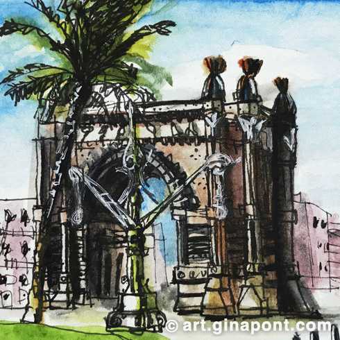 Dibujo en acuarela de Arc de Triomf, Barcelona. Fue la puerta de acceso principal para la Feria Mundial de Barcelona de 1888.