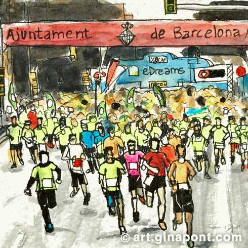 Boceto urbano en acuarela de la media maratón de Barcelona. Atletas llegando a la meta.