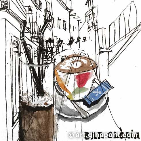 Bosquejo urbano de la calle Comtes y el café que tomamos en el Bar Gloria. Pasamos la mañana dibujando en el centro de Barcelona.