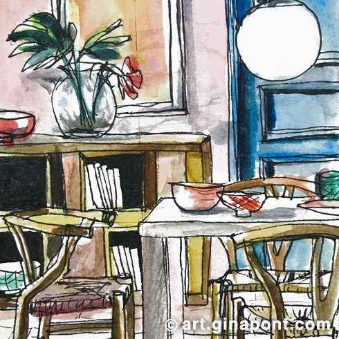 Watercolor and rotring sketch of a dining room in Barcelona. The decoration is highlighted: chairs, table, frames, flowers, shelves and lamp.