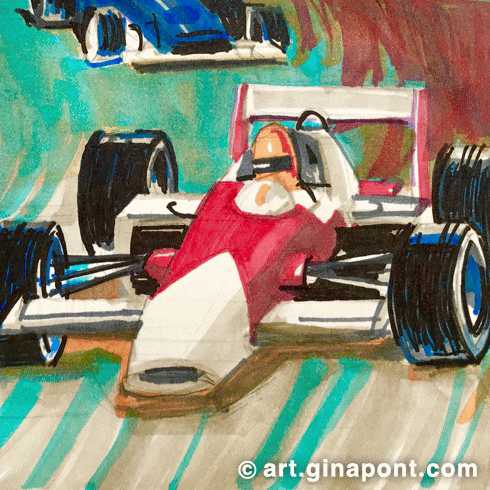 Ilustración con rotuladores de una carrera de Fórmula 1.