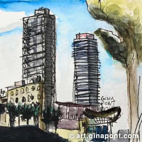 Boceto en acuarela de la Torre Mapfre y la fachada del Hotel Arts, Port Olímpic, Barcelona.