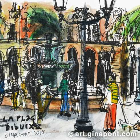USK Event with Urban Sketchers and Setba Foundation: Watercolor and rotring sketch of Plaça Reial, 2018.