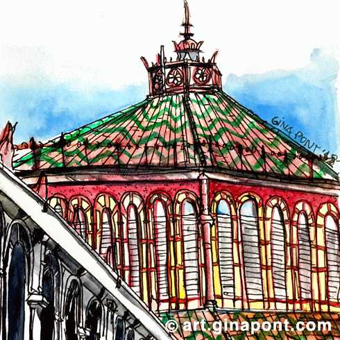 Boceto urbano en acuarela de la reapertura del mercado de Sant Antoni, Barcelona