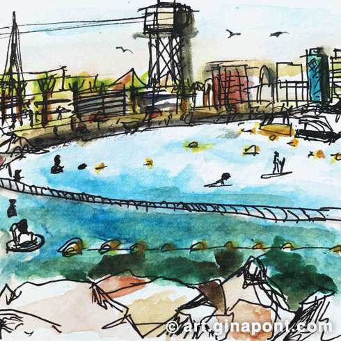 A watercolor quick sketch of the Barceloneta beach landscape, Barcelona: there are swimmers, paddle surfers and boats.