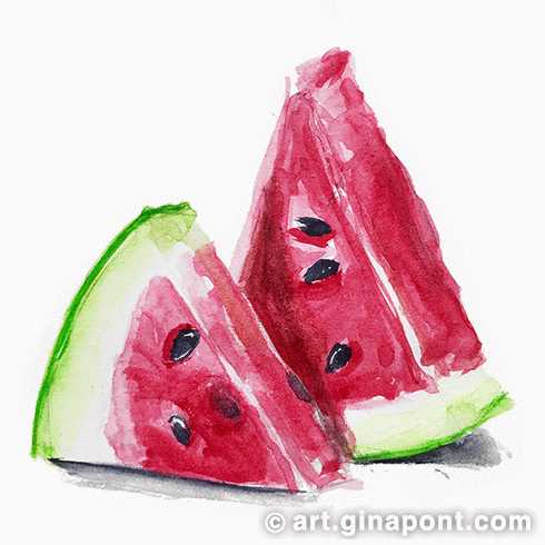 Fruta de verano: Dibujo de acuarela de una sandía fresca.