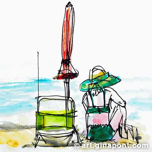 Summertime on the beach: watercolor's drawing of a woman sitting on the beach with her umbrella, looking out at the sea in Llafranc, Girona.