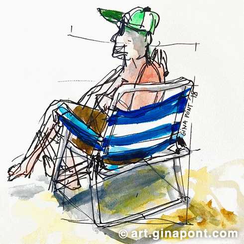 Verano en la playa: Dibujo de acuarela de un hombre sentado en una silla de playa, mirando al mar en Llafranc, Girona.