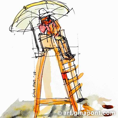 Verano en la playa: Dibujo de acuarela de un socorrista en la playa, protegiendo el mar en Llafranc, Girona.