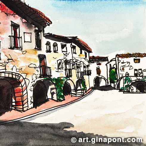 Watercolor and rotring microsketch of the main square of Monells, a medieval village in Girona.