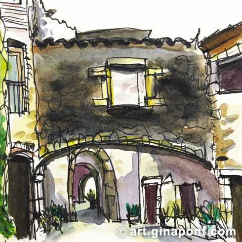 Acuarela y microsketch podrido de una estrecha calle medieval de Monells, Girona.