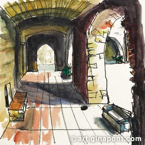 Watercolor and rotring microsketch of gothic arcades in the medieval street of Monells, Girona.