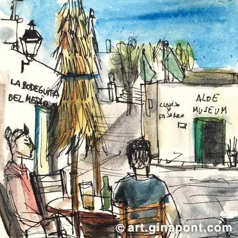 Acuarela y dibujo podrido de La Bodeguita del Medio, un restaurante que comí durante mi estadía en Lanzarote, Islas Canarias.