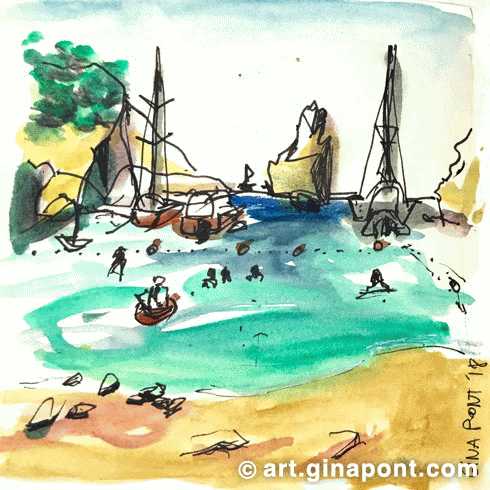 Watercolor sketch of Benirrás Beach, Ibiza.