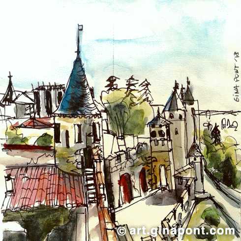 Boceto urbano que dibujé durante mi visita al castillo de Carcassonne, una ciudad fortificada francesa, Francia.