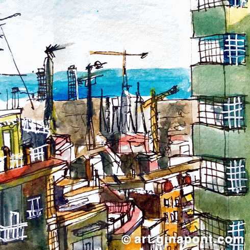 Watercolor urban sketch of Barcelona landscape (Sagrada Familia, Mapfre Tower, Arts Hotel) from El Carmel, Barcelona.