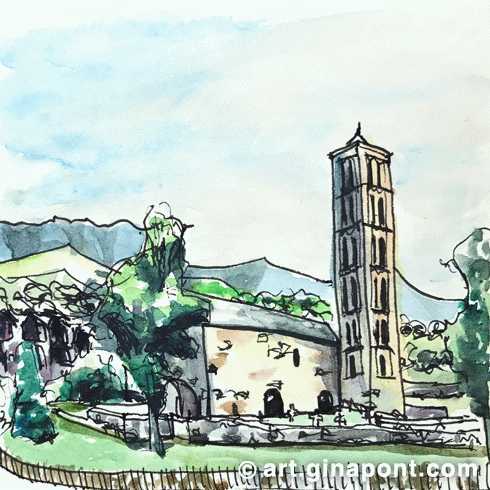 Watercolor, rotring and pentel sketch of the facade of the Roman Catholic church Sant Climent de Taüll in the morning, Lleida.