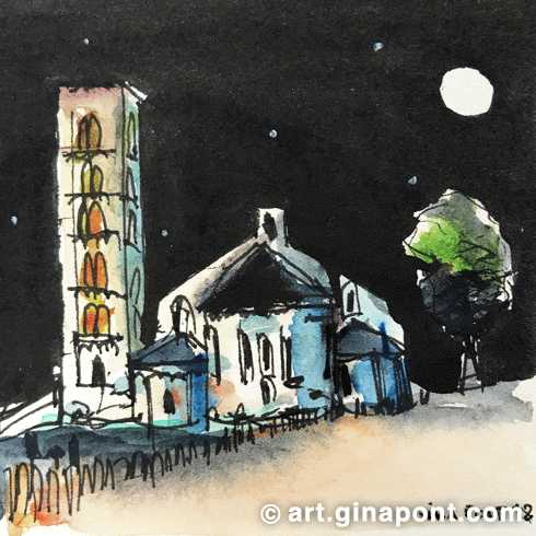 Watercolor, rotring and pentel sketch of the facade of the Roman Catholic church Sant Climent de Taüll at night, Lleida.