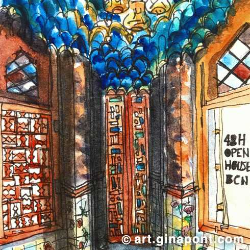 Watercolor and rotring sketch of the interior of Casa Vicens. It is the Gaudí's first house in Barcelona. This sketch was drawn during the 48h Open House BCN event 2018.