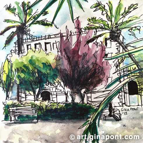 Watercolor sketch of the Palau Robert garden. It is an studio of the light on the trees and plants.