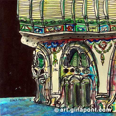 Urban watercolor sketch of the Casa Comalat. The drawing shows the modernist building designed by the architect Salvador Valeri i Pupurull and is located in the Eixample district of Barcelona, at 316 Còrsega street.