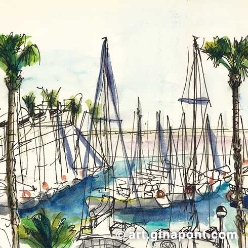 Urban sketch in watercolor of the pier of the Vila Olímpica. The drawing, made by Gina Pont, shows the boats and palm trees of Poblenou. The Vila Olímpica was built as part of the preparations for the 1992 Olympic Games. Formerly a declining industrial zone, it was transformed into a modern residential and sports neighborhood that has endured as a post-Olympic legacy for the city.