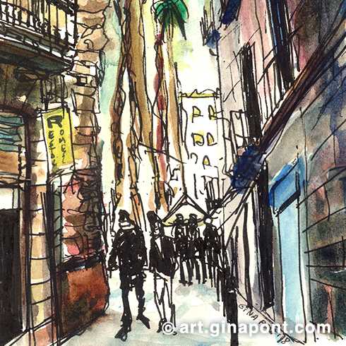 Urban watercolor sketch of Sant Pau street, located near the Sant Agustín parish church in the Gothic Quarter. The drawing, made by Gina Pont, portrays how picturesque the street is, cobblestone, narrow and full of history, with a mix of medieval architecture and urban life.