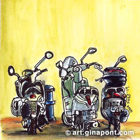 Urban watercolor sketch of three motorcycles parked on the street, made live.