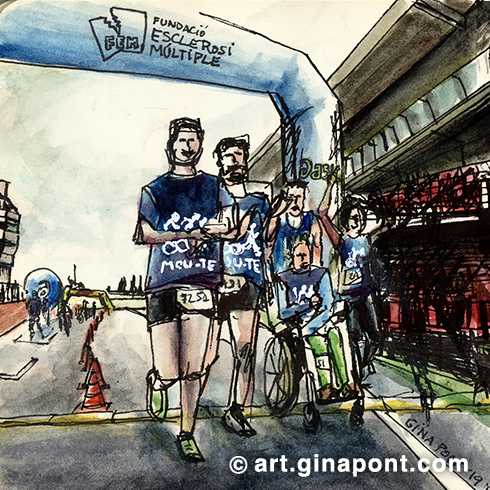 Urban watercolor sketch made during the event Muévete por la Esclerosis Múltiple, a sporting event that seeks to raise funds and awareness of multiple sclerosis through running or walking.