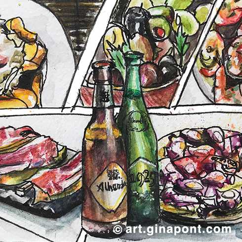 Ink and watercolor sketch of typical Andalusian food: patatas bravas, olives, prawns, ham, octopus and beer, in this case Alambra, one of Granada's brands. It was done live during a trip to Granada.