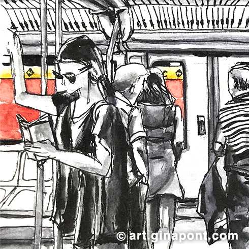 Boceto urbano en acuarela realizado en el vagón. Plasma el cotidiano escenario de viajeros que cogen el metro en Joanic. Algunos leen, otros esperan.