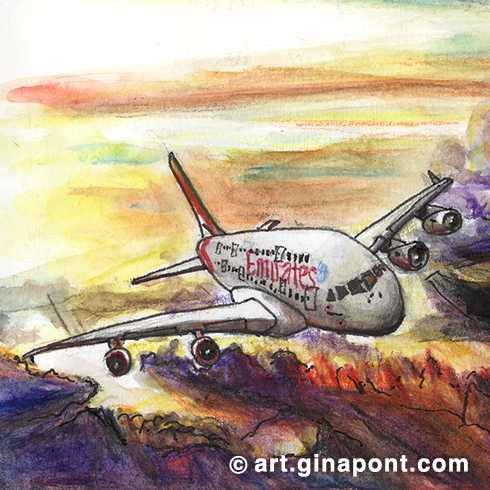 Ink and watercolor sketch of Emirates Airline's Airbus A380 model aircraft. Despite being the largest passenger aircraft in the world, it was discontinued in 2021.