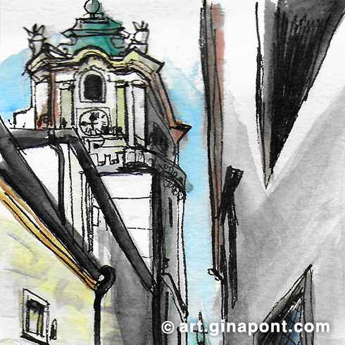 Urban watercolor sketch of the Old Town Hall in Bratislava. It was made during a trip to Vienna (Austria), stopping in Bratislava (Slovakia).