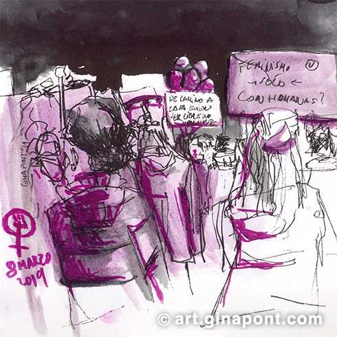 Urban watercolor sketch made during the Women's Day Demonstration. The drawing, in purple color, shows the different banners claiming women's rights.
