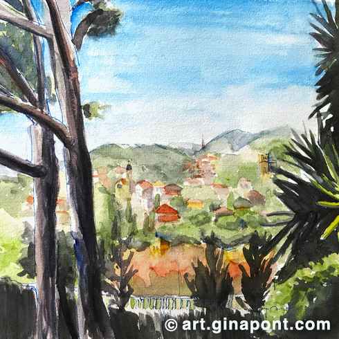 Watercolor and rotring sketch of Cabrils landscape, a small village of Maresme