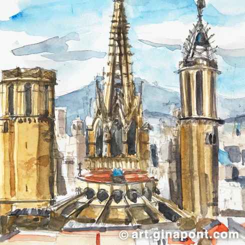 Boceto en acuarela y lápiz de la Catedral de Barcelona, de estilo gótico, Barcelona.