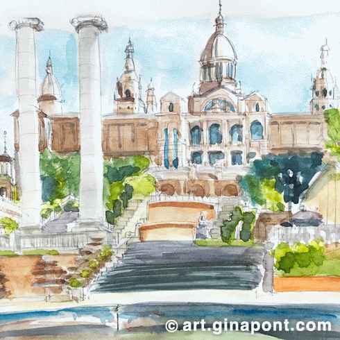 Watercolor and pencil sketch of Montjuïc with views to The National Art Museum of Catalunya, Barcelona.