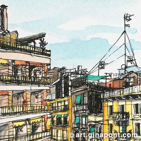 Watercolor and rotring urban sketch of the Eixmaple views from a window, Barcelona.