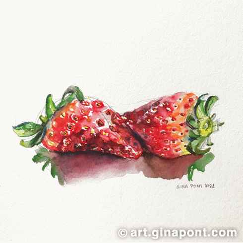 Strawberries art print made with the following art supplies: markers Lyra Aqua Brush Duo and Daler-Rowney brushes on 300 gsm cold-pressed paper, Canson XL